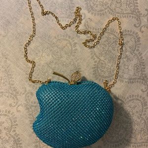 Blue Crystal Apple Clutch with Gold Chain